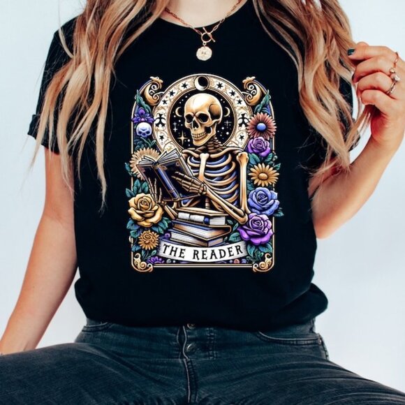 Gildan Other - The Reader Tarot Card Shirt Skeleton Reading Shirt Unisex Book Lover Gift Book